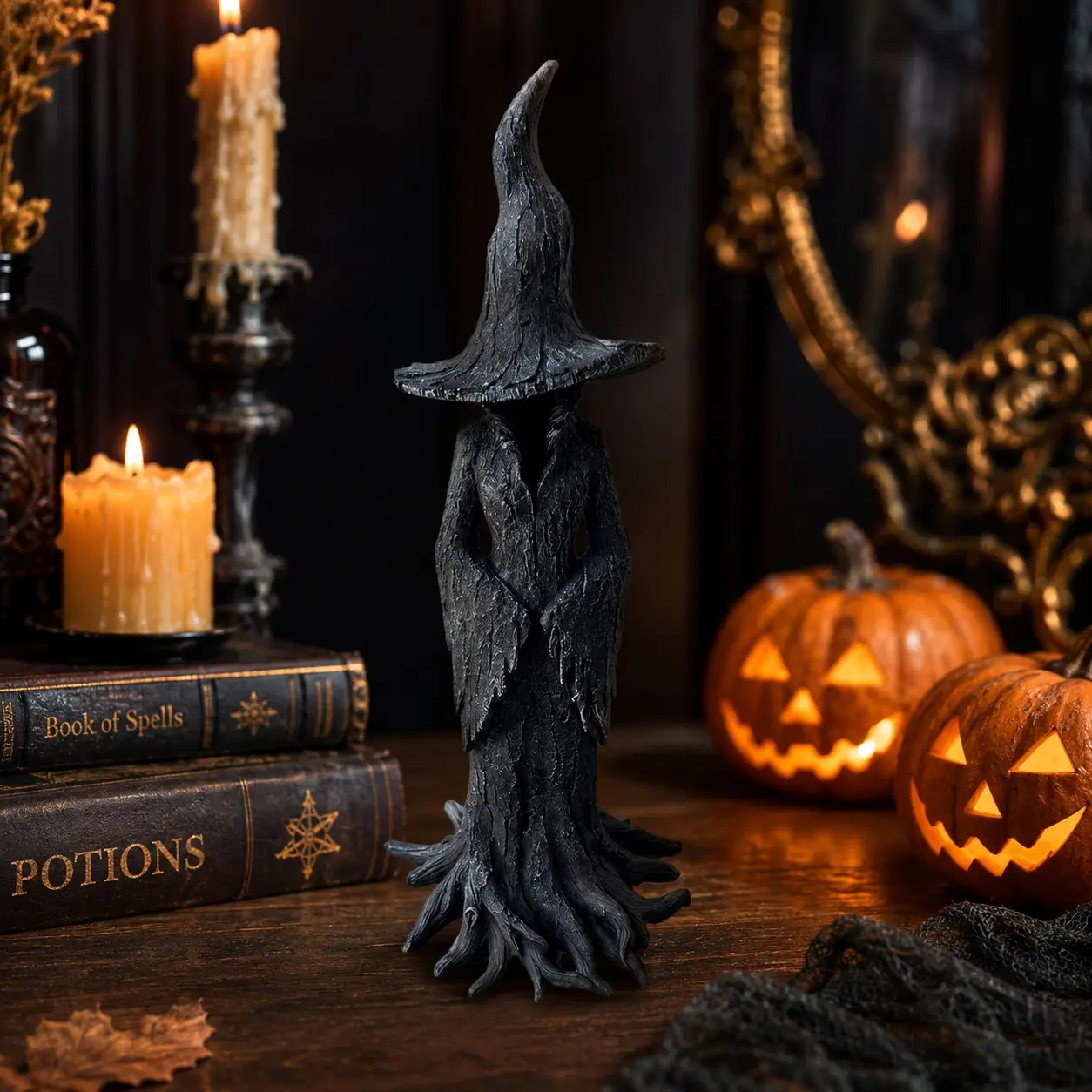 Spooky Halloween Resin Figurine, Gothic Witch Silhouette Decor, Faceless Tree-Spirit Statue, Handcrafted Resin Ornament, Eerie Holiday Display, Decorative Statues, Figure Decor