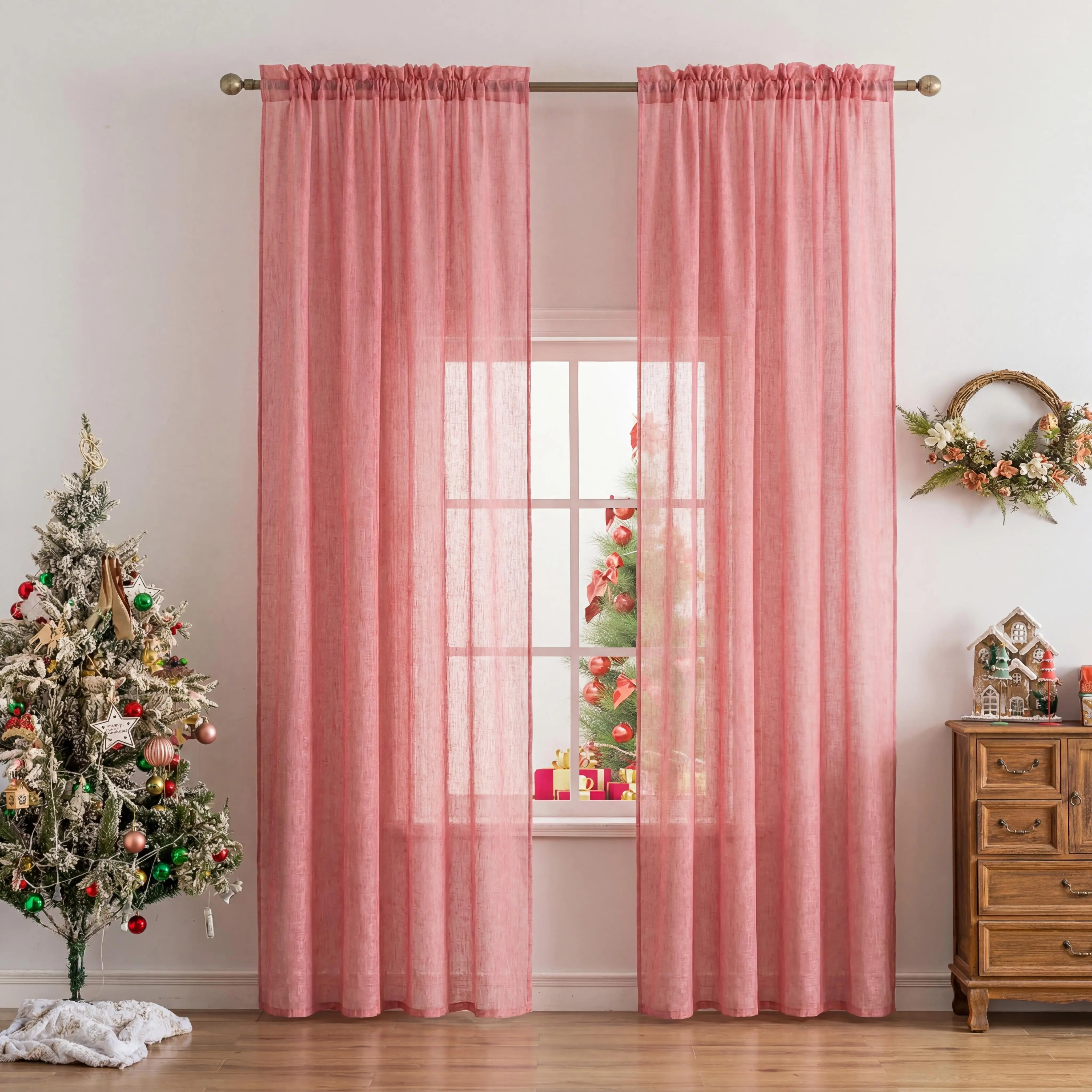 4-Piece Faux Linen Polyester Stretch Semi-Sheer Curtains, 52x84in Easy Rod-Pocket, Rustic Fabric, Lightweight Weave Keeps Rooms Airy, Premium Bedroom Window Treatments, Interior Decoration Accessories, L21