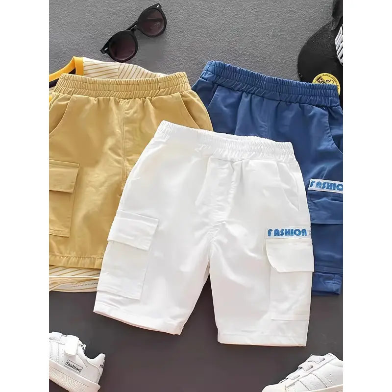 3pcs Boys' Work Pants - Lightweight Non-Stretch Fabric with Utility Pockets, Machine Washable - for Toddler, Little & Big Kids - Everyday & Special Occasions - (Golden-Yellow/White/Blue), Kids Casual Wear, Classic Pocket Design, for Outdoor