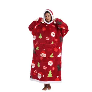 Christmas Themed Wearable Blanket Hoodie, Soft Warm Wearable Blanket Hoodie, Warm Hoodie Blanket, Comfy Sweatshirt Blanket with Pocket for Adult Women & Men, Cozy Hooded Blanket