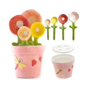 Flower Measuring Spoons Set – Cute Ceramic Measuring Cups with Pot Holder Pink