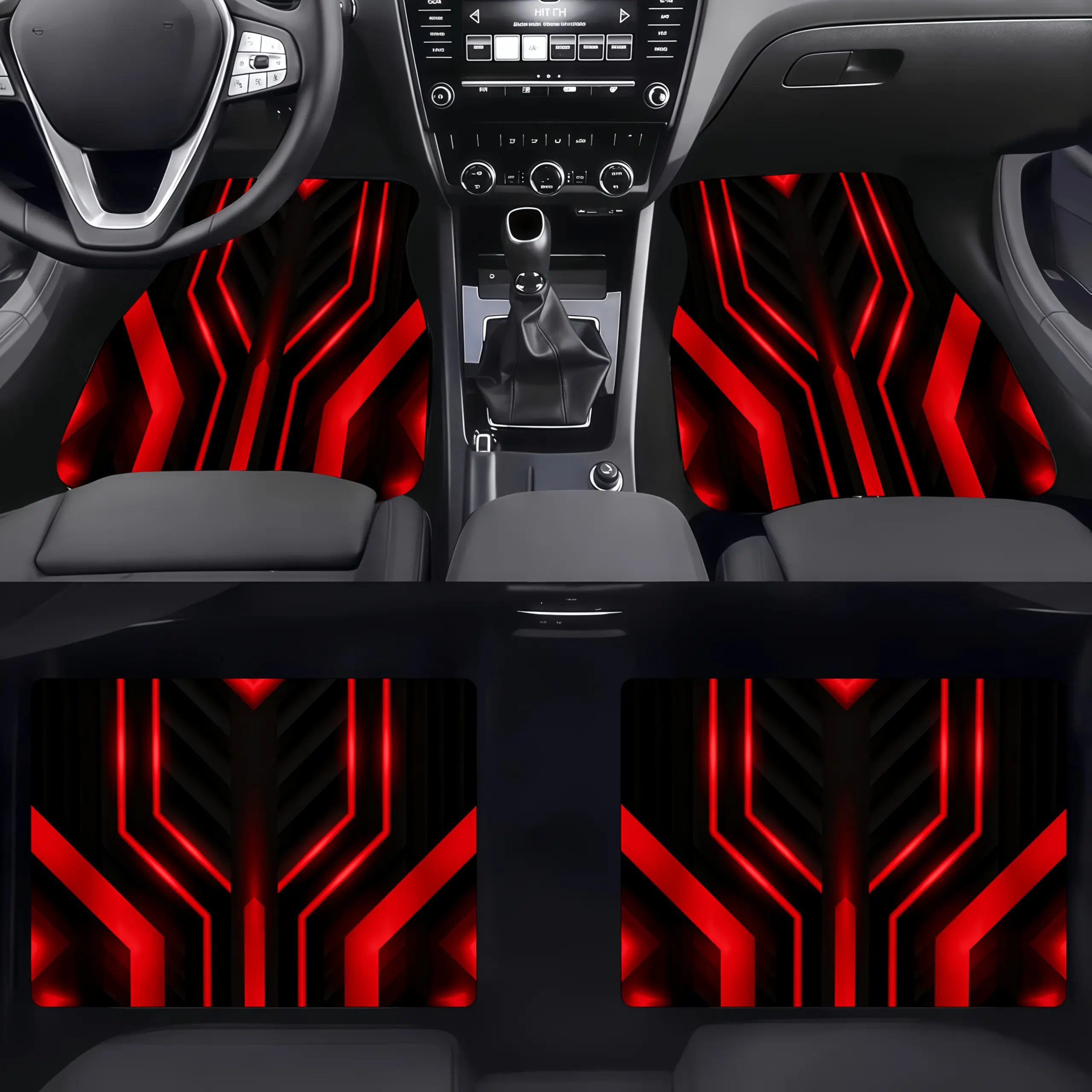 Car Floor Mats 4pcs, Material, Futuristic Red Geometric Design, Suitable for Car Interiors, Dynamic & Sleek Visual Effect, Perfect Fit for Vehicle Foot Protection