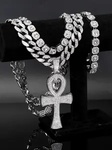 Hip Hop Punk Cross Pendant Set, Iced Out Blingling Stacking Necklace for Men Women, High-Quality Fashion Shine Jewelry