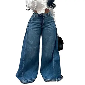 Women Flared Wide Side Loose Jeans High Waist Comfortable Denim Pants Trendy Fashion Casual Wear