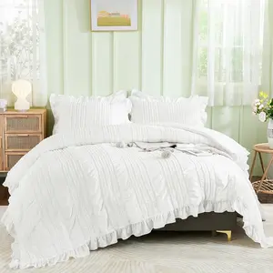 White Queen Comforter Set,Boho Ruffle Comforter for Queen Bed,Soft Seersucker Bedding Set with 1 Comforter,2 Tufted Pillowcases 90"*90"