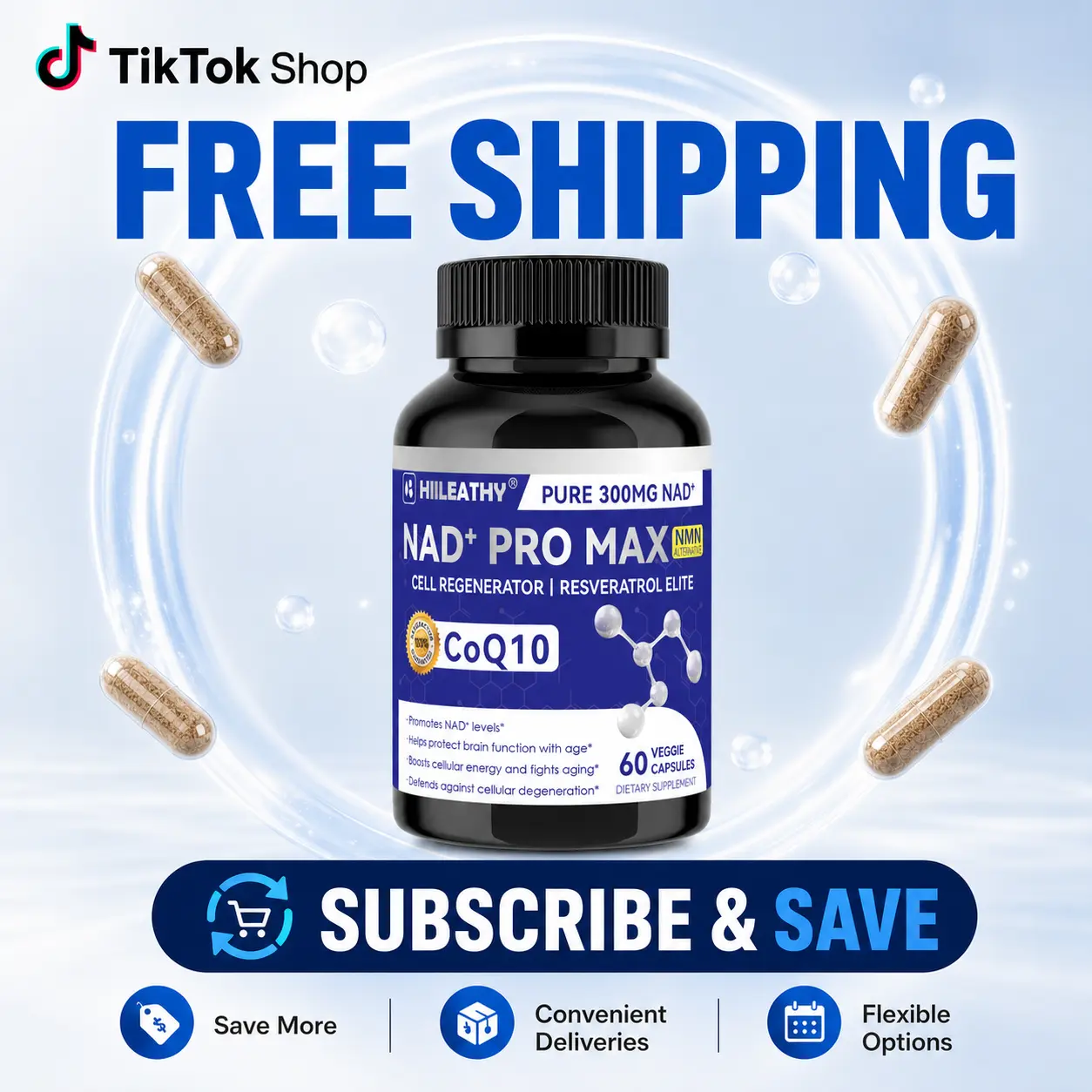HIILEATHY NAD+ PRO MAX | 300mg NAD+ Complex with CoQ10 & Resveratrol | GMP Certified | Made in USA