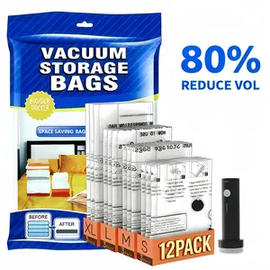 Space Saver Vacuum Storage Bags, 12 Pack Combo (3Jumbo/3 Large/3 Medium/3 small) Space Saver Bags withPump, Storage Vacuum Sealed Bags for Clothes,Comforters, Blankets, Bedding