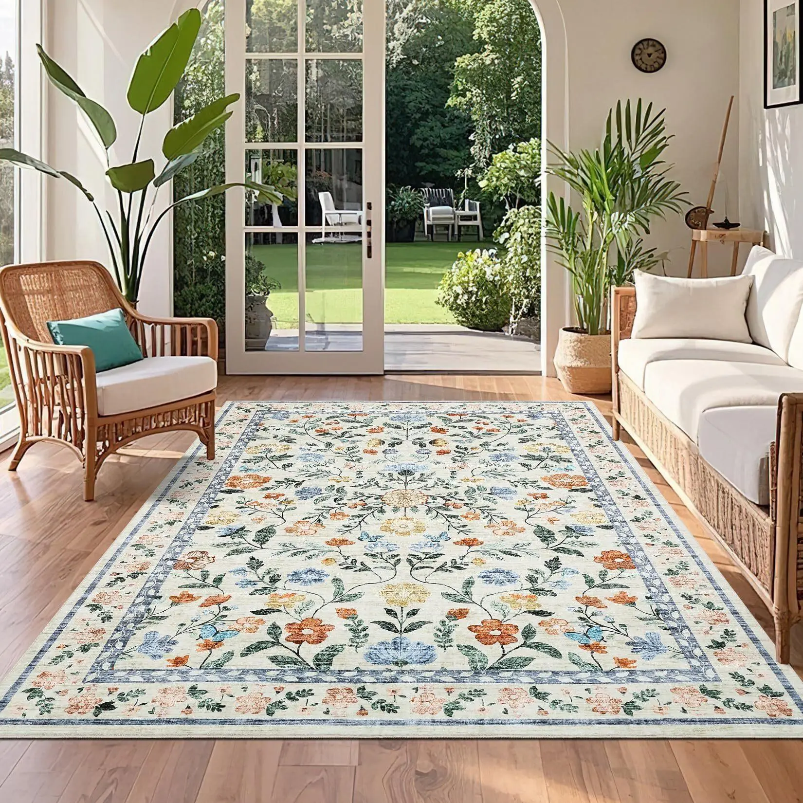Washable Living Room Rug 5x7 Farmhouse Floral Accent Rug with Non-Slip Backing, Stain-Resistant Soft, for Dining Room, Bedroom, Kids Room, Green