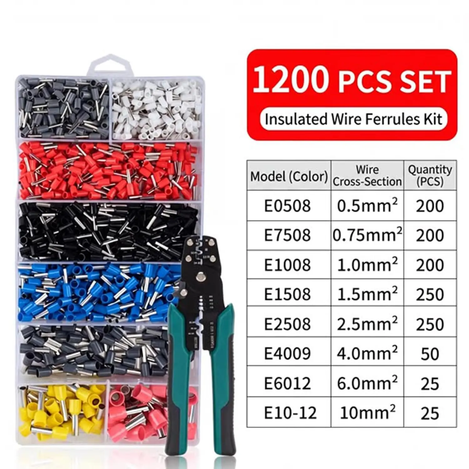 1200PCS Ferrule Crimping Pliers Kit, Ratchet Self-Adjusting Wire Crimper Tool with Assorted Wire End Terminals, AWG 23-7 Electrician Hand Tool