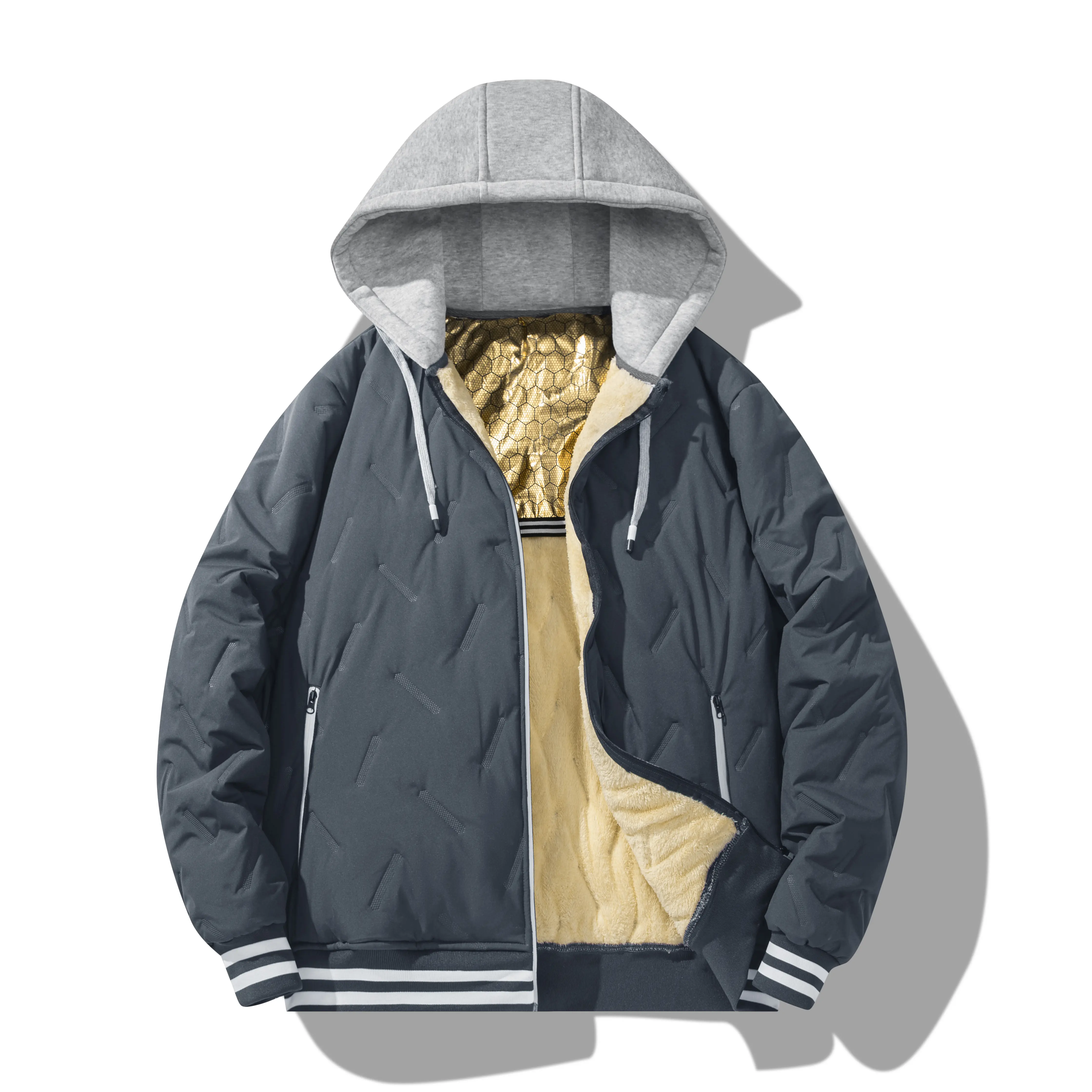 Men’s winter hooded fleece-lined thick insulated jacket, diamond-pattern quilted casual baseball jacket