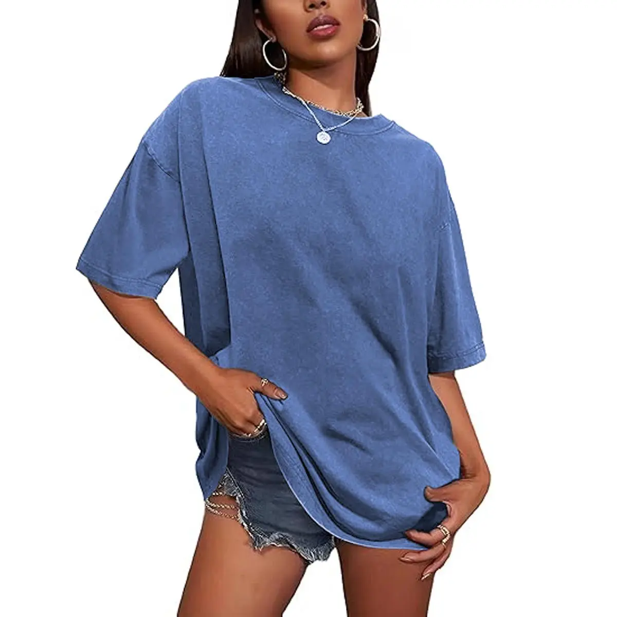 Holafish Women's Cotton Vintage Basic Baggy Half Short Sleeves T-Shirt - Casual Loose Fit Solid Streetwear Tee Tops, Acid Wash, All-Season Womenswear