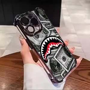 Shark Money Pattern Interesting design Aesthetic Electroplated TPU Casing For iphone 16 15 14 13 12 11 X XS PRO PLUS MAX Four Corners Anti-Fall Transparent Casual Soft Silicone Phone Cases Perfect Gift for Men L1390