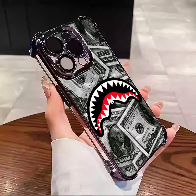 Shark Money Pattern Interesting design Aesthetic Electroplated TPU Casing For iphone 16 15 14 13 12 11 X XS PRO PLUS MAX Four Corners Anti-Fall Transparent Casual Soft Silicone Phone Cases Perfect Gift for Men L1390