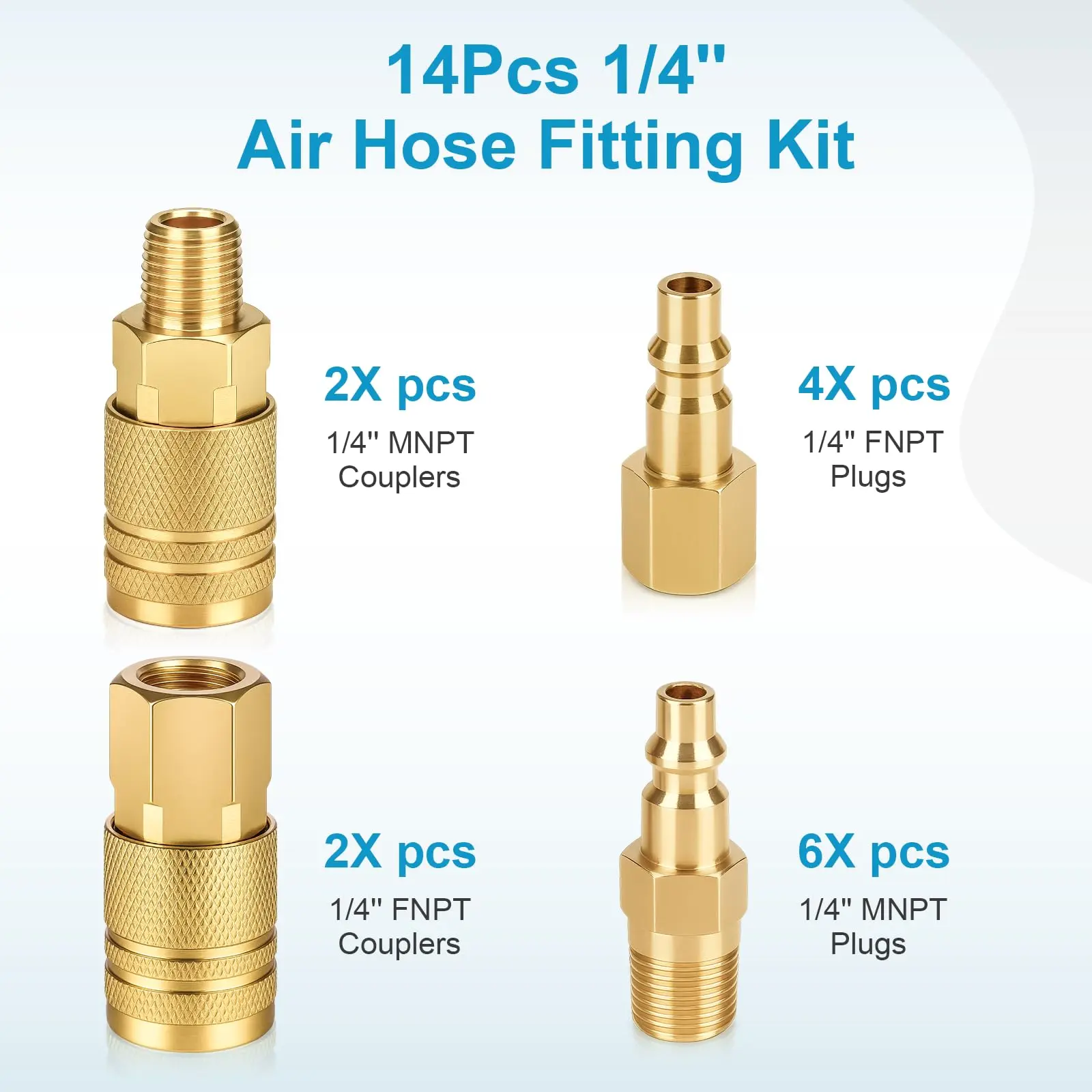 Effortless Push-In Air Hose Fittings 14Pcs | 1/4" NPT Brass Quick Connect Coupler & Plug Kit, Auto Lock, Air Compressor Accessories