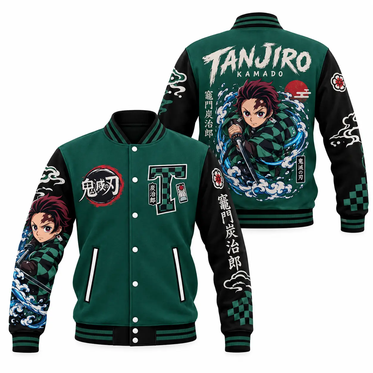 Tanjiro Baseball Jacket LN, Demon Slayer Anime Graphic Polyester Outerwear, Japanese Manga Inspired Casual Streetwear
