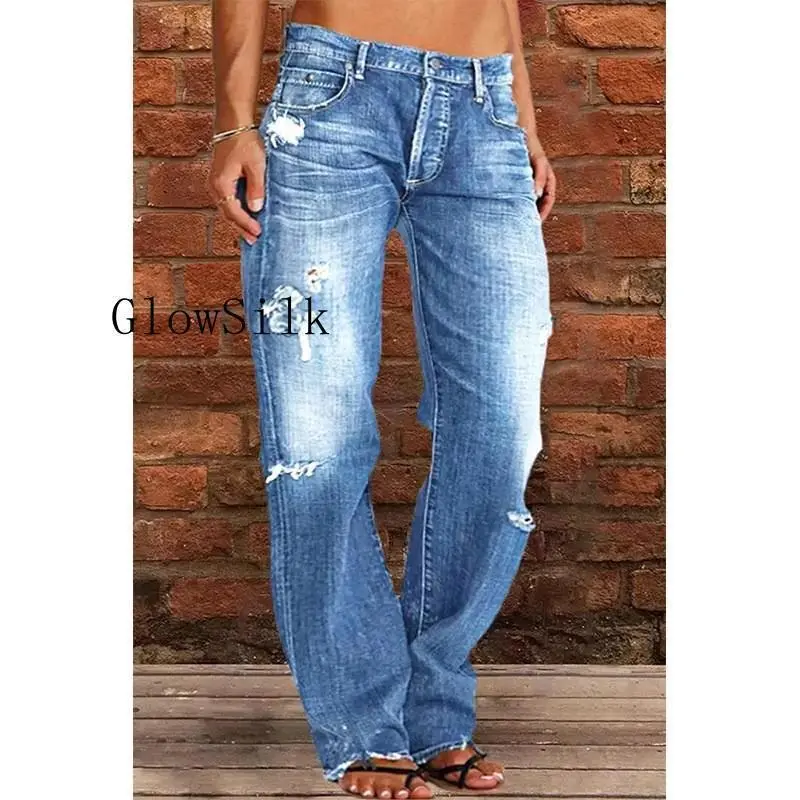 &Women's Ripped Jeans Mid Rise Straight Leg Denim Jean Plus Size Boyfriend Jeans Baggy Flare Pants 90s Hippie Clothes Bottoms Womenswear