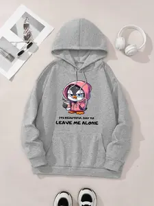 Penguin drinking coffee graphic print hoodie, drawstring casual hooded sweatshirt for winter & fall, women's clothing, Graphic Hoodies