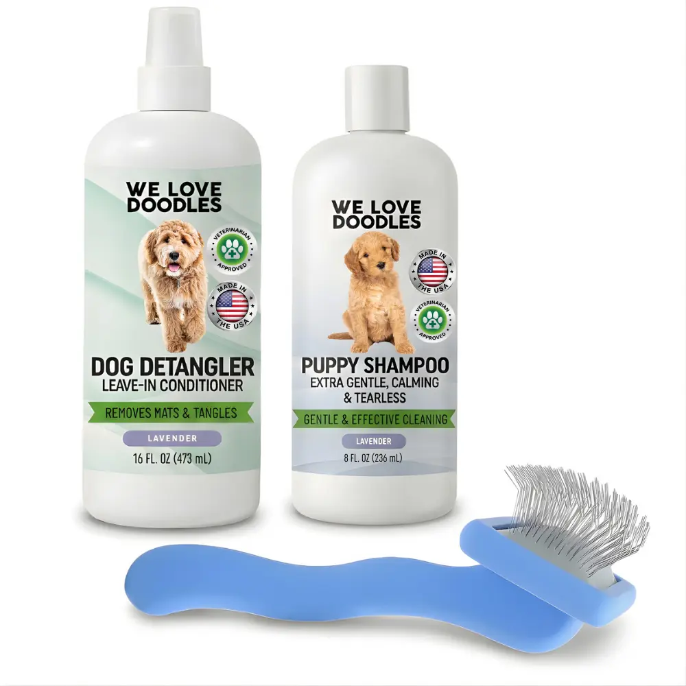 We Love Doodles Puppy Grooming Kit - Small Slicker Brush, Dog Shampoo & Dog Detangler Spray