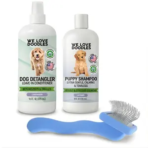 We Love Doodles Puppy Grooming Kit - Small Slicker Brush, Dog Shampoo & Dog Detangler Spray
