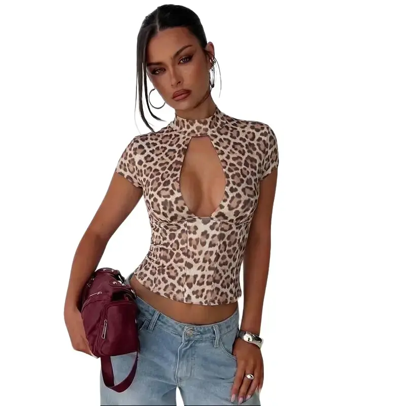 Mock Neck Keyhole Cutout Corset Cap Short Sleeve Crop Top for Women's 2026 Summer New Slim Fit Bodycon Elegant Night Out Party Club Going Out Blouse
