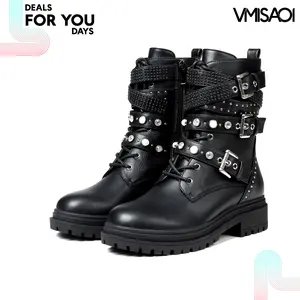 Platform Combat Boots For Women Round Toe Chunky Block Heel Lace Up Side Zipper Buckles Studs Strappy Motorcycle Biker Riding Boots Goth Ankle Boots Trendy Gothic Booties Deals For You Days