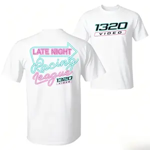 Retro Video Racing Neon Light Graphic T-Shirt, Vintage Late Night Racing League Theme Print 100% Cotton Soft Crew Neck Tee, Men's Sport Streetwear Top, Stylish & Comfortable Casual Wear for Car Enthusiasts and Racing Fans