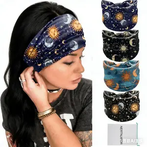 4Pcs Star Moon Knotted Headbands for Women, Wide Non-Slip Elastic Hair Bands, Soft Fashion Turban Head Wraps for Yoga & Daily Wear