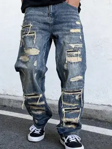 Men's Streetwear Vintage Classic Distressed Multi-Ripped Wide Leg Straight Denim Jeans, Casual Loose Fit Long Pants, All Seasons Fashion