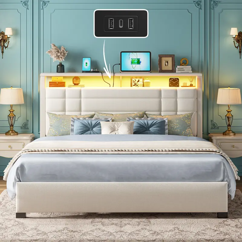 【Back to school】Raybee Sturdy Upholstered Queen Size Bed Frames with Headboard & Storage Shelves, Luxury LED Bed Frame with USB Ports for Full King, Modern Bedroom Furniture, No Mattress, No Noise, Metal Slats, Holds up to 880lbs, Beige,Gray