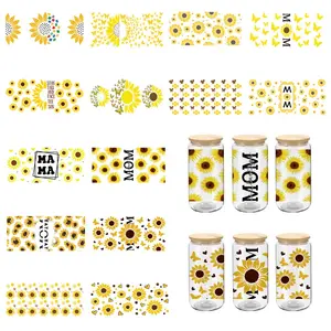 Random 14pcs 16oz UV DTF Cup Stickers, Sunflower Mom 3D Stickers for DIY Scrapbook Accessories, Durable Mixed Color Transfer Stickers for Christmas, Thanksgiving, Aesthetic Stickers, Decorative Stickers