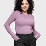 PUMIEY Women's Long Sleeve Cute Top, Slim Fit Double Layer Crew Neck Basic Compression Shirt for Casual and Office Outfits, Fashion Apparel, Women's Clothes, Smoke, Compression Shirts,back to school,back to school shopping, Round Neck, Fabric