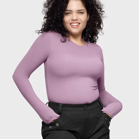 PUMIEY Women's Long Sleeve Cute Top, Slim Fit Double Layer Crew Neck Basic Compression Shirt for Casual and Office Outfits, Fashion Apparel, Women's Clothes, Smoke, Compression Shirts,back to school,back to school shopping, Round Neck, Fabric