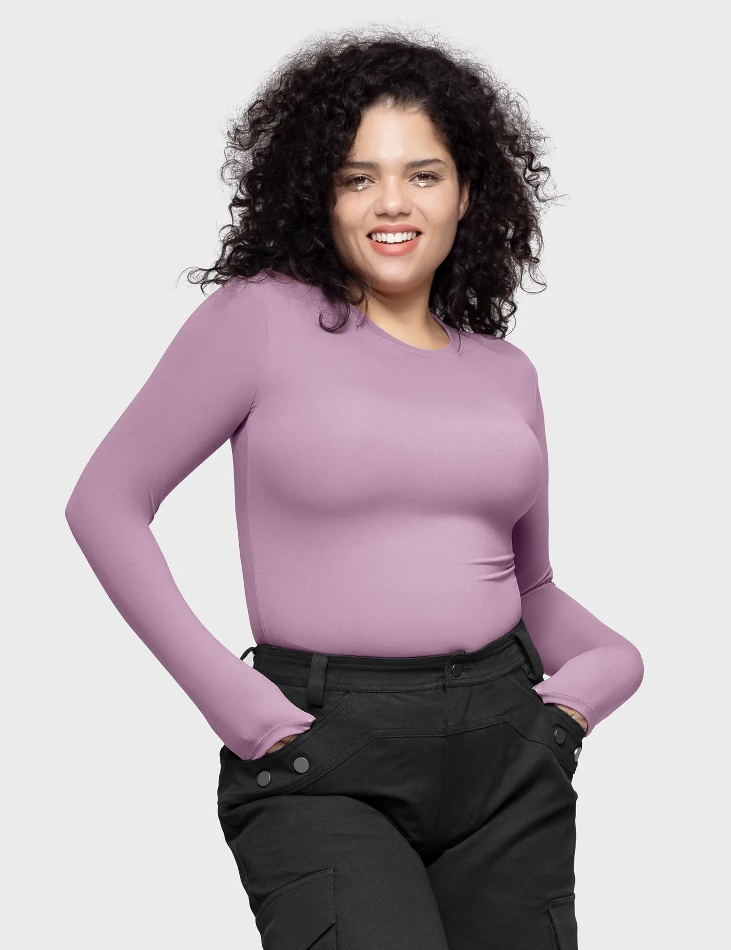 PUMIEY Long Sleeve Basic Tee Women's Crew Neck Slim Fit Tops Streetwear Minimalist Double Layer Compression Tee