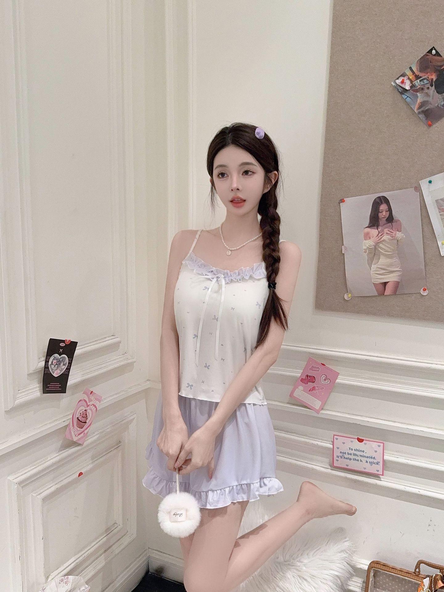 Women's summer pajamas with chest pads, camisole and shorts, pure and sexy Korean style, sweet, casual, loose-fitting home wear set