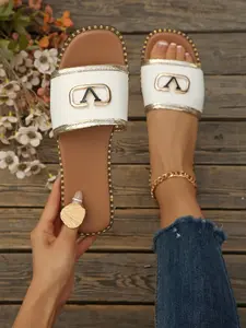 Women's Round Toe Fashion Flat Sandals, Spring Summer New Design, Metal Buckle Slip-On Shoes, Comfortable Casual Footwear