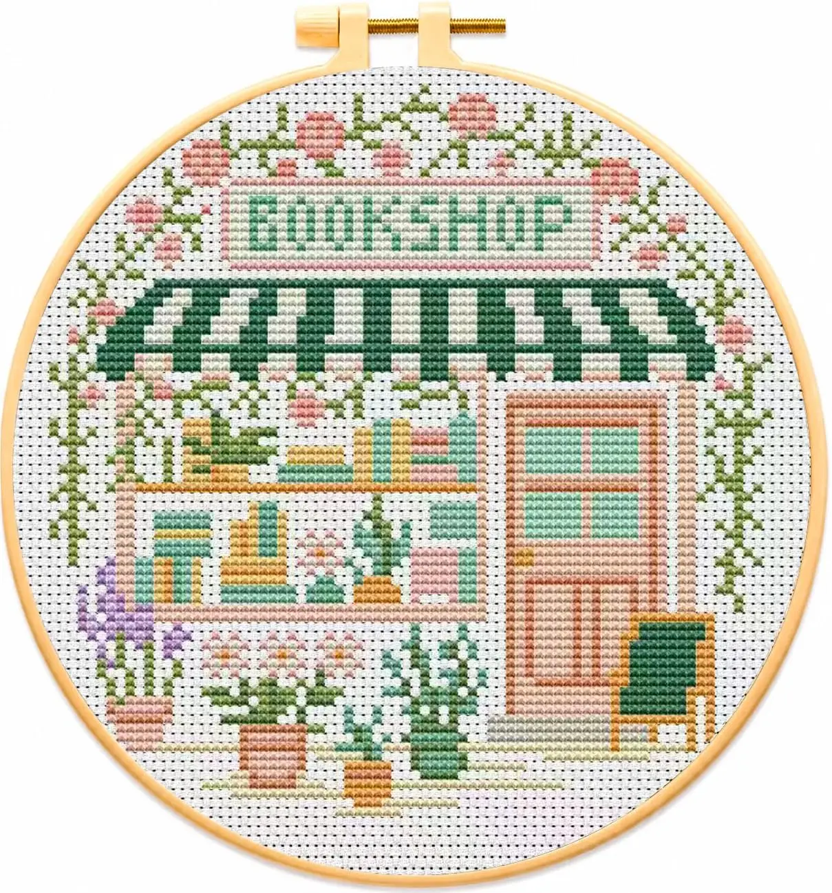 Bookstore Stamped Cross Stitch Kits for Adults Beginners with Frame | Partial 11CT BookShop Cross-Stitch Kit,DIY Arts and Crafts for Adults,Embroidery Kit for Adults Beginners 8x8inch
