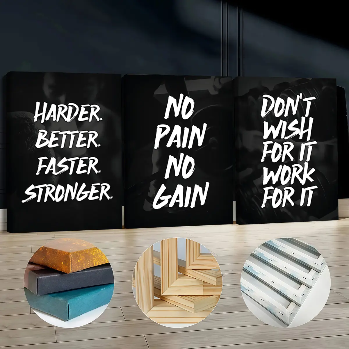 3Pcs Pine Wood Framed Canvas Print, 30x40cm(11.8x15.7inch) Gym Fitness Quote Wall Art, Waterproof Odorless Indoor Decor for Fitness Enthusiasts, Living Room, Kid Room