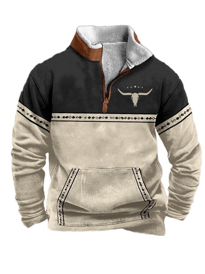 Men's Hoodie Vintage Bull Bones Pullover Long Sleeve Stand Collar Zipper Casual Zipper Sweatshirt