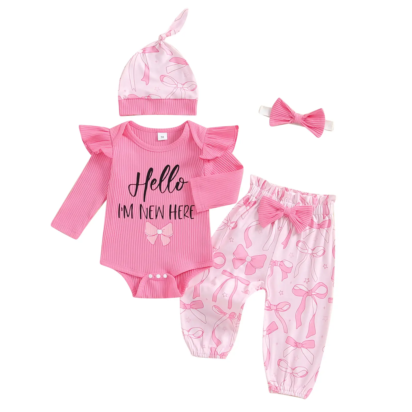 Newborn Come Home Outfits Baby Girls 4pcs Outfits Set Long Sleeve Romper Tops Bow Print Trousers Hat Headband Set Infant Fall Clothes
