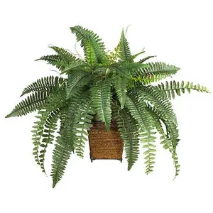 Nearly Natural Boston Fern with Wood Wicker Basket Silk Plant
