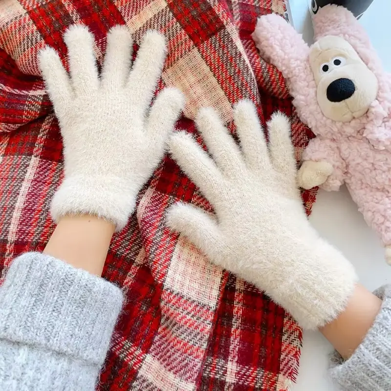 Fashion Winter Mink Velvet Five Finger Gloves Plush Warm Cold-Proof Gloves Women Outdoors Cycling Solid Color Wistiti Mittens NONE