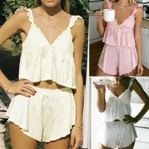 Women's Pajamas Set 2 Piece Ruffle Lace Patchwork Pj Soft Tank Top and Shorts Sleepwear Set Bridal Pajama for Women Set