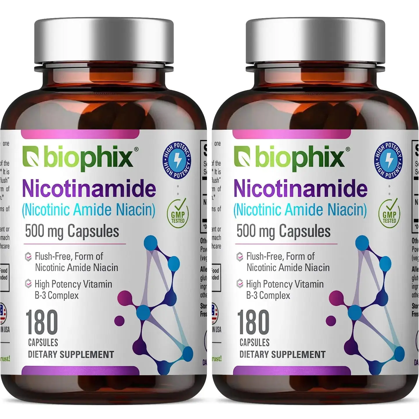 Biophix Nicotinamide 500 mg 180 Capsules 2 Pack - B3 Skin Antioxidants Detoxification Immune Support