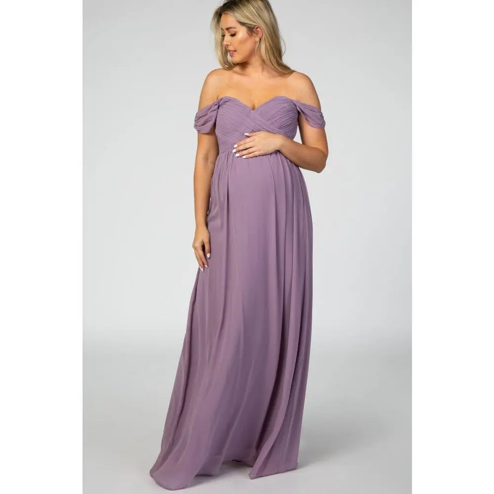PinkBlush Lavender Off Shoulder Chiffon Maxi Maternity Dress
