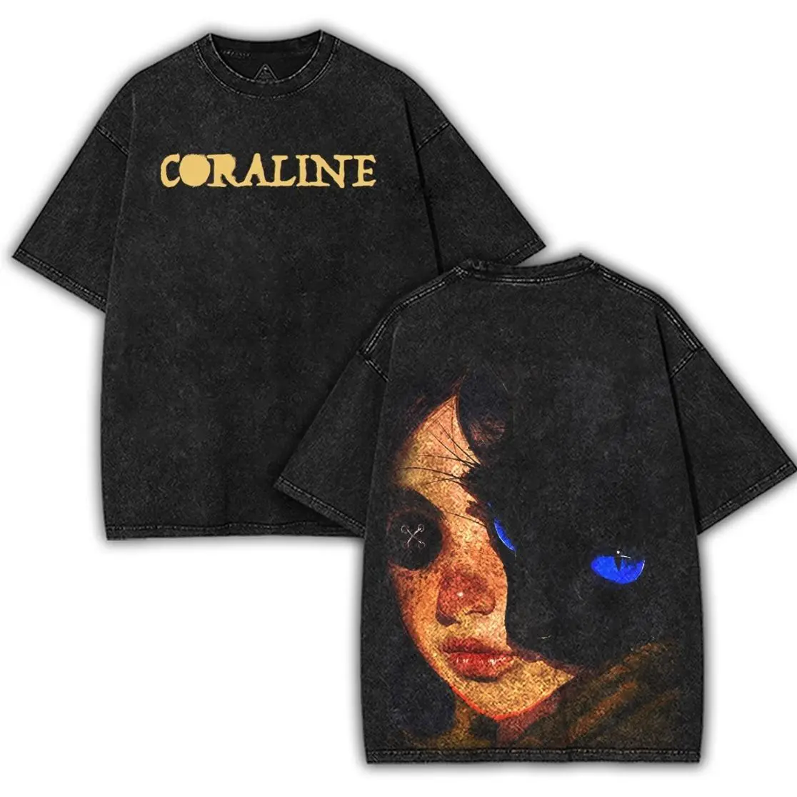 Coraline Retro Vintage Unisex graphic crewneck Acid Washed Heavyweight Cotton Tshirt, Coraline Movie shirts back school, coraline merch Fabric Fit Halloween Streetwear