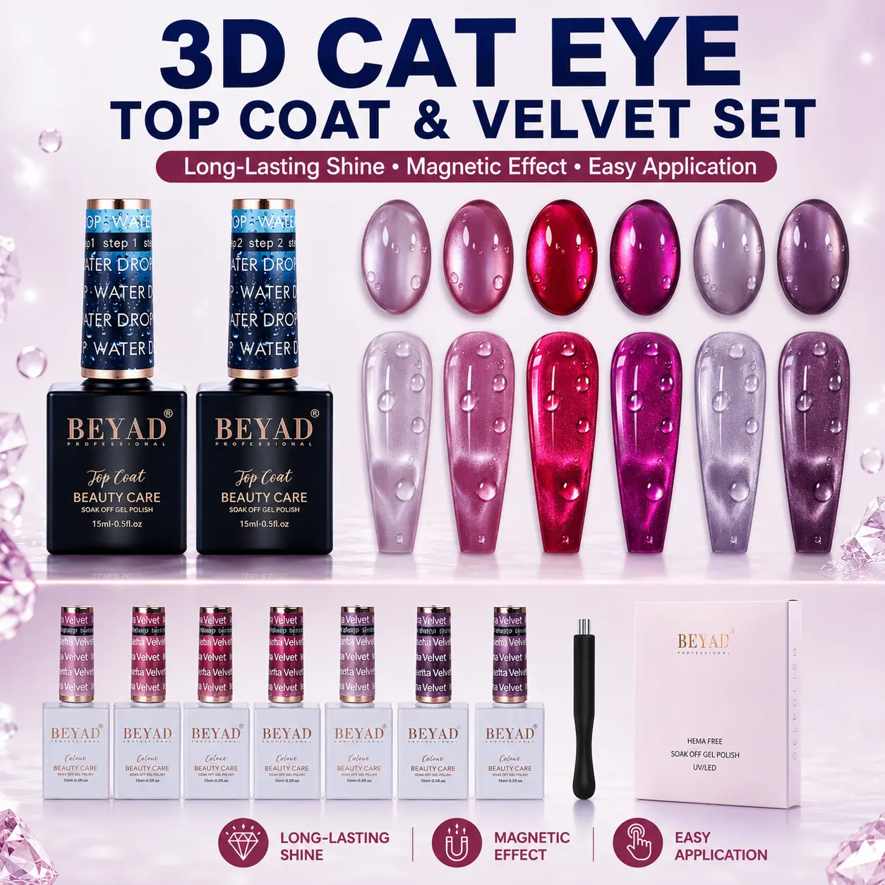 Beyad Viral "Juicy Berry" Nail Bundle - Magenta Velvet Cat Eye Gels, 3D Water Drop Finish Art Products