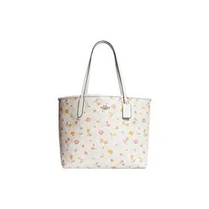 Coach City 33 Floral Print Leather-Textured Tote Bag for Women, Large White Handbag