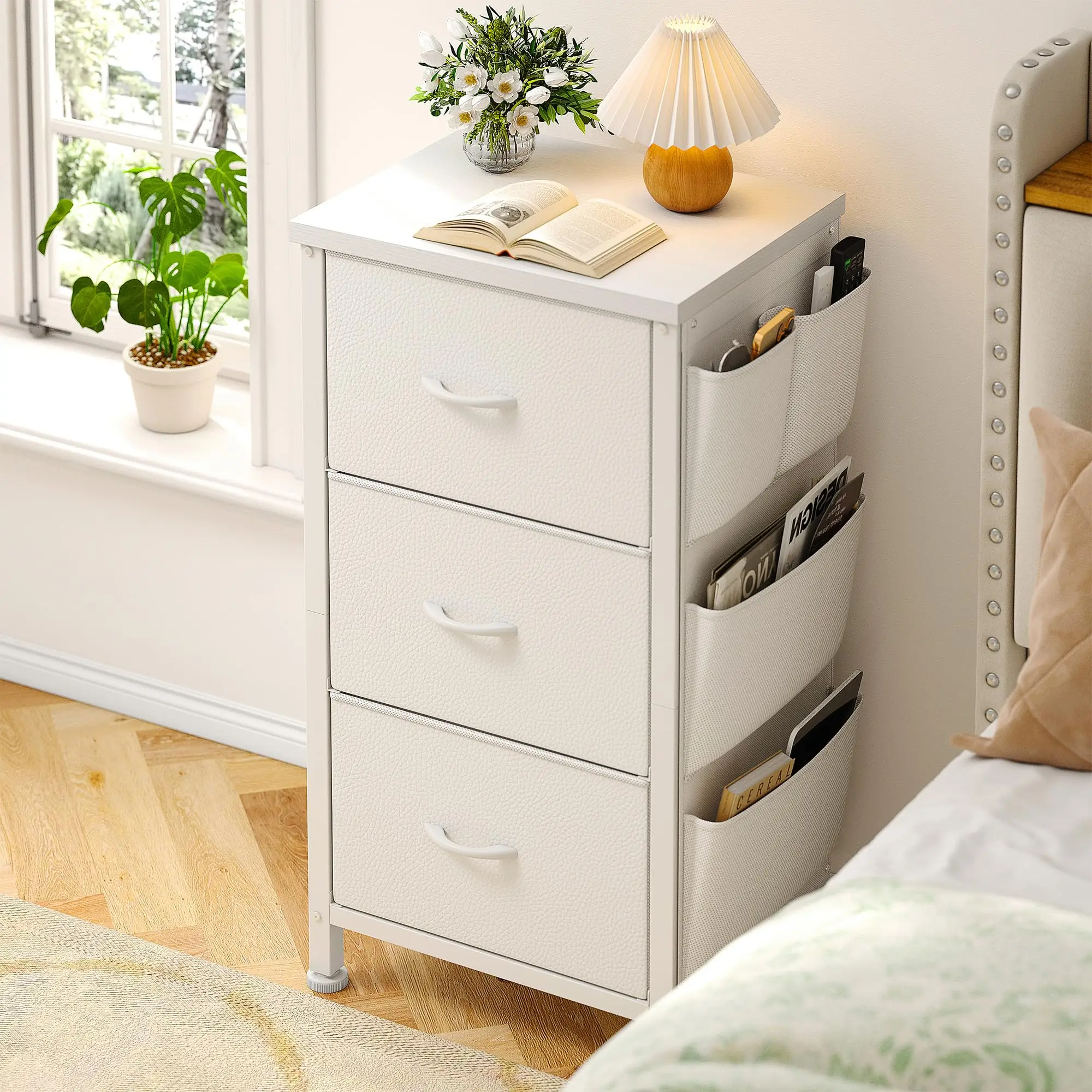 Raybee Furniture Nightstand Set of 2 with 3 Fabric Drawers, End Table Side Table with Wooden Top & Sturdy Steel Frame for lIving Room, Small Dresser f