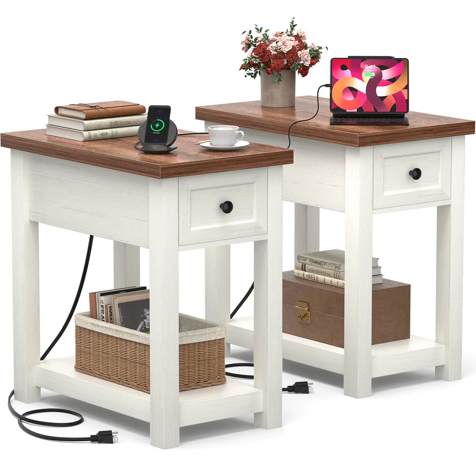 Narrow End Table Set of 2 with Charging Station - Farmhouse Side Table with Drawer & Shelf, Wood Skinny Nightstand for Living Room Sofa Couch, Bedroom, Small Spaces