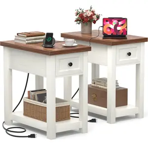 Narrow End Table Set of 2 with Charging Station - Farmhouse Side Table with Drawer & Shelf, Wood Skinny Nightstand for Living Room Sofa Couch, Bedroom, Small Spaces